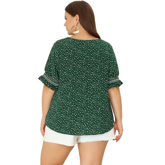Plus Size Top for Women Pin Dots Boho Smocked Short Sleeves Blouses Green - Picture 4 of 6